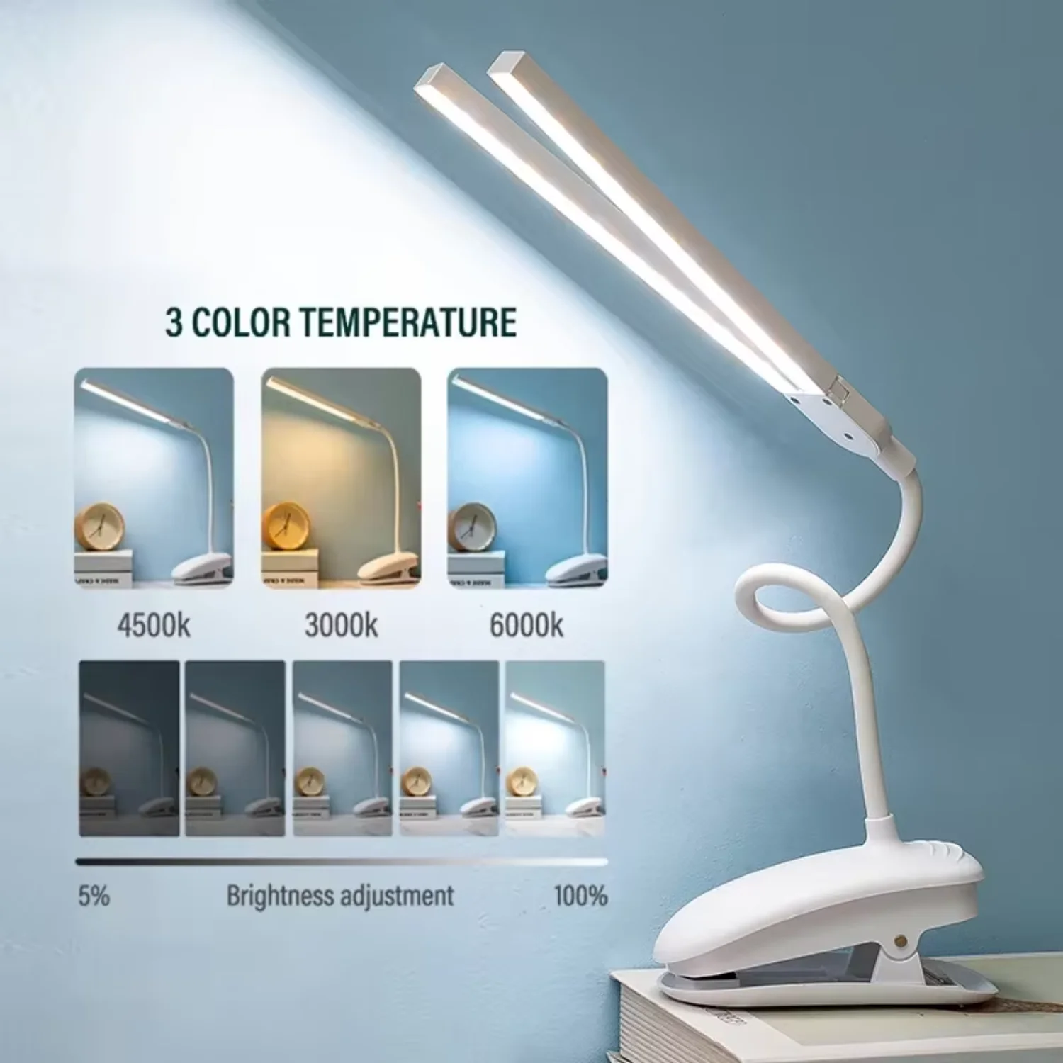 

Настольная лампа для чтения с двойной регулировкой яркости, обучающая лампа для защиты глаз с зажимом, настольная лампа для спальни, общежития