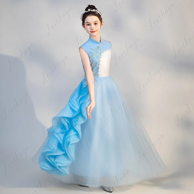 

New Luxury Kids Tulle Flower Girl Dress Elegant Evening Gown for Guzheng & Piano Performance