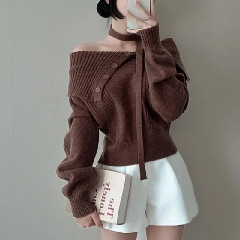 

Women's Solid Pullover Long-sleeved Threaded Scarf French Style Gentle and Sweet Loose One-line Collar Off-shoulder Knitted Top