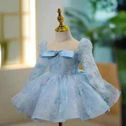 Blue Flower Girl Dresses for Wedding Bow Sequins Knee Length Girl Kids Birthday Party Princess First Holy Communion Gown
