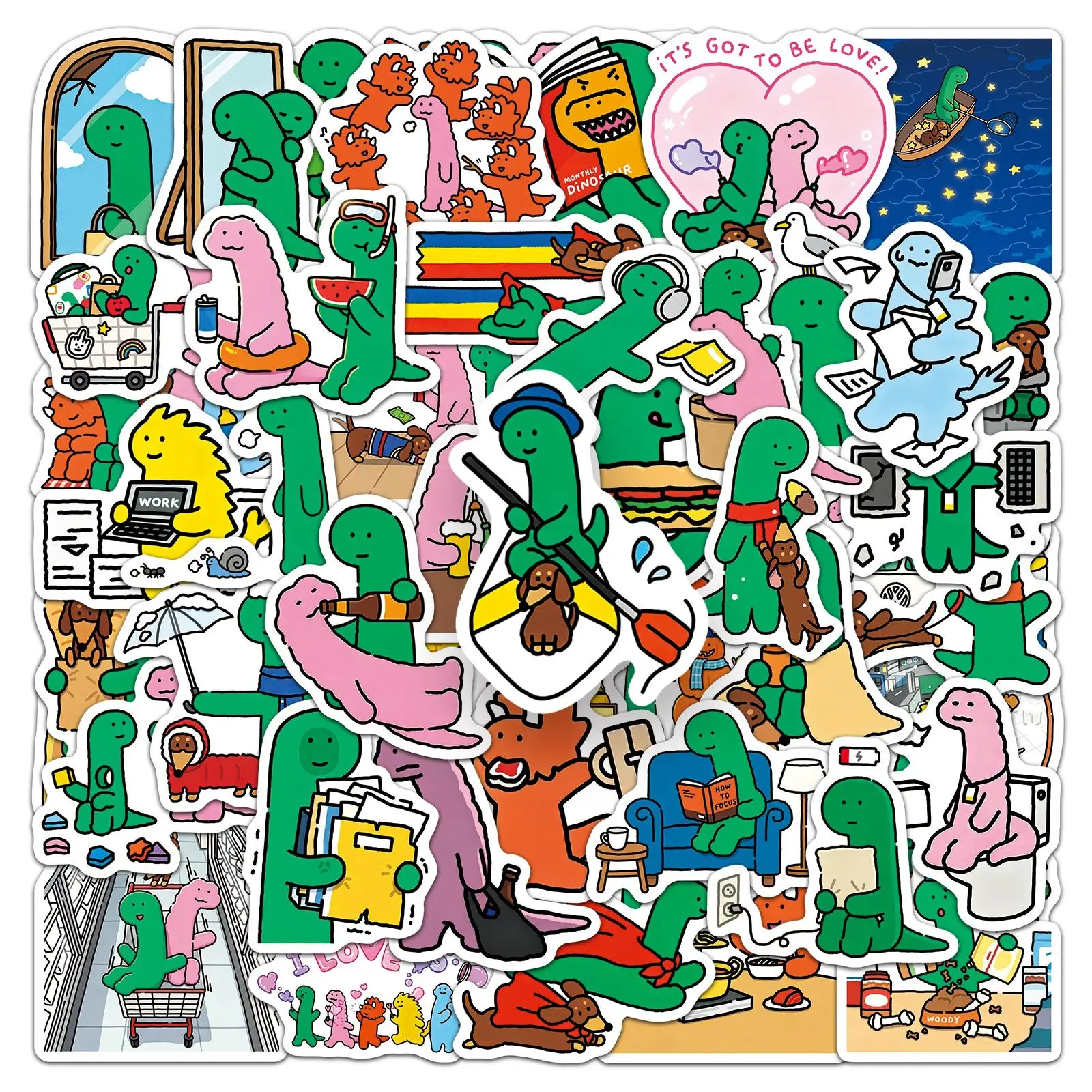 50PCS Humorous Life Scene Dinosaur Stickers Cartoon Green Pink Dino Stickers for Luggage Water Bottle Scrapbook Decoration