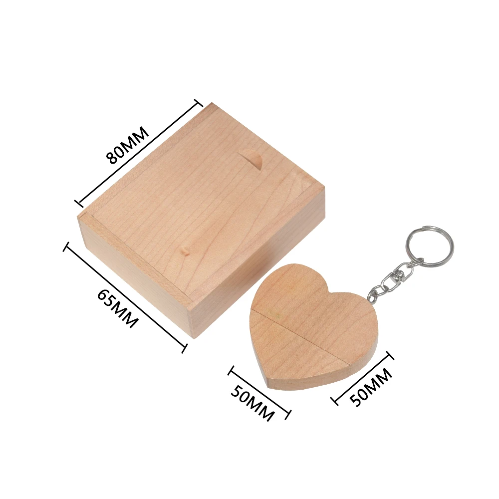 Maple Memory Stick de madeira com chaveiro grátis, Coração Flash Drive, U Disk, Presente de casamento, Presente criativo, USB 2.0, 64 GB, 32 GB