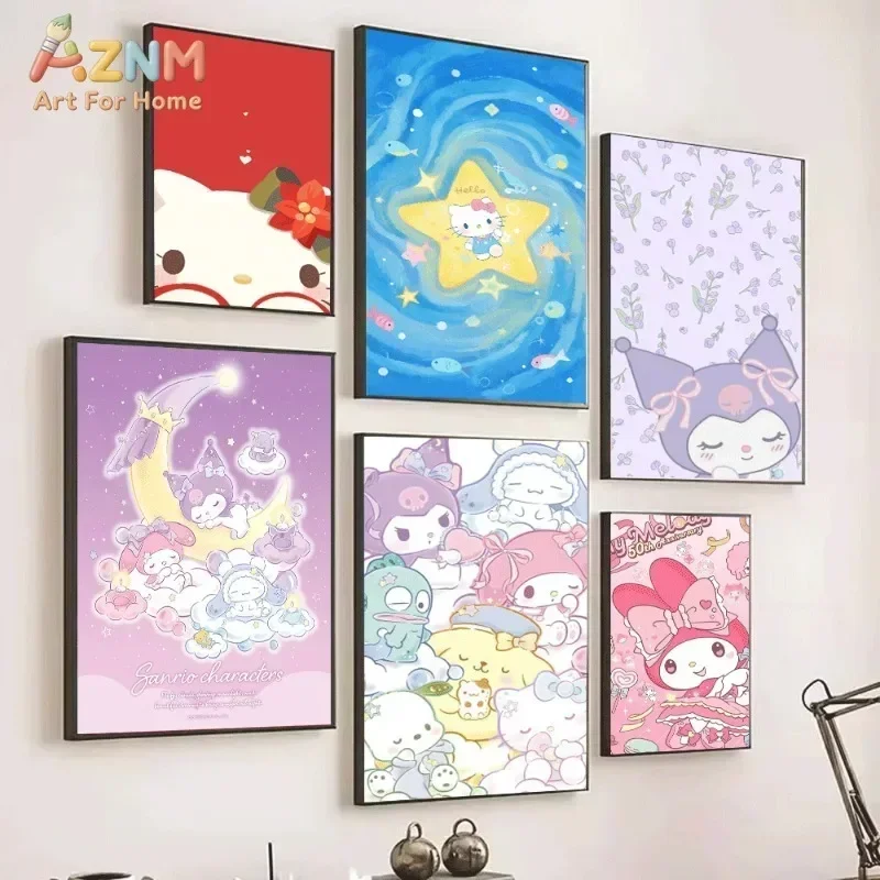 Hello Kitty Kuromi My Melody Canvas Poster Cute Sanrio Cartoon Print Unframed Canvas Art Red Floral Ocean Moon Star Sweet Kawaii
