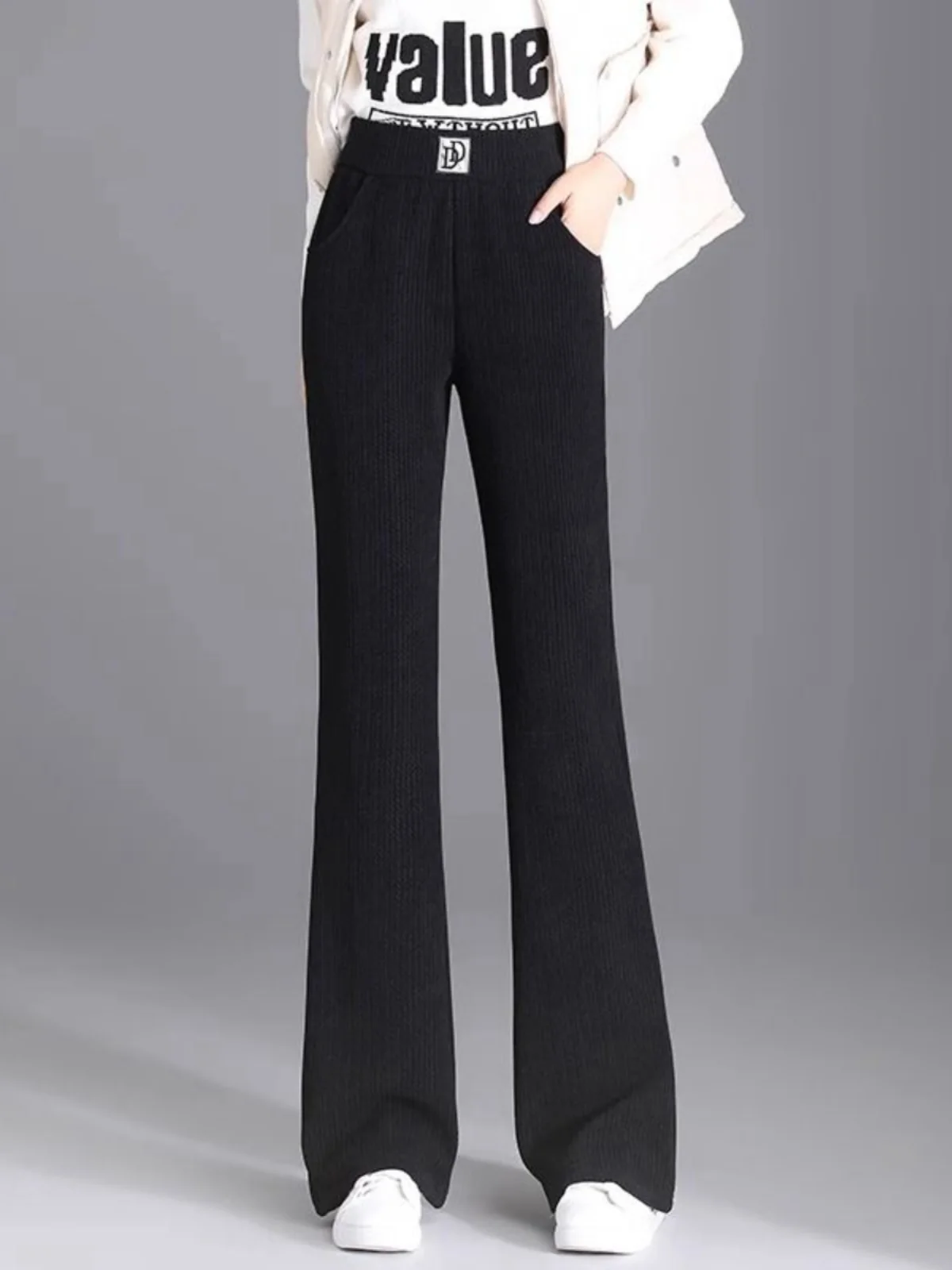 Thickened Lamb Velvet Fleece Women's Micro Flared Pants High Waist Straight Leg Winter Warm Cotton Trousers Commute Style