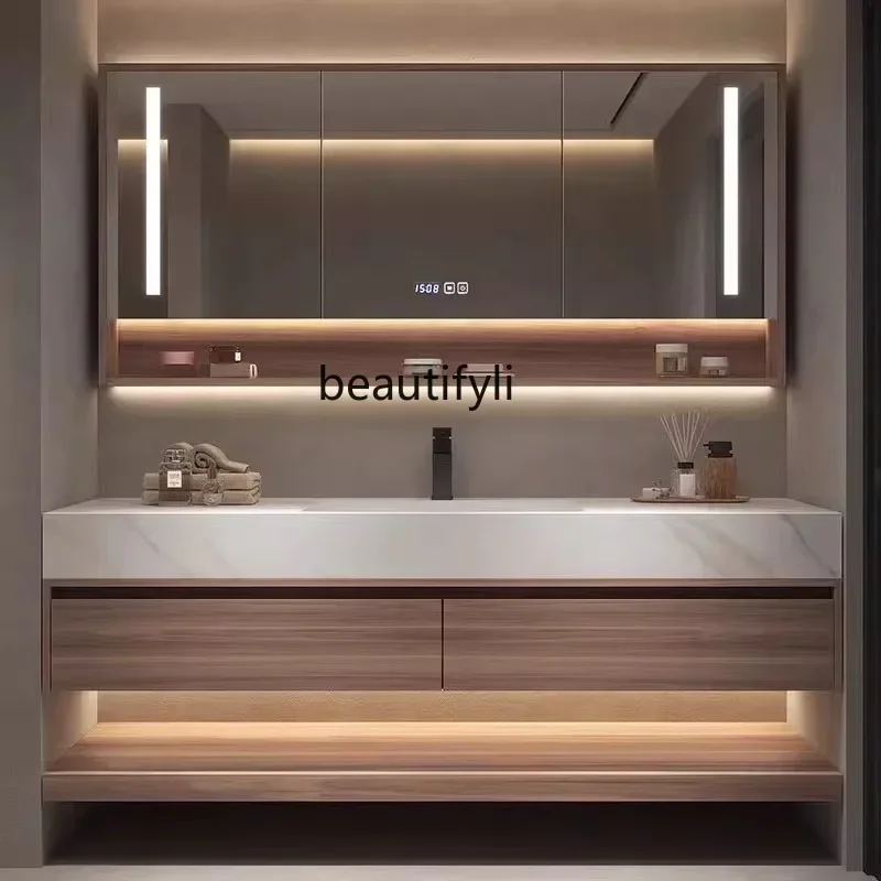 32 Oak lacquered rock slab ceramic seamless integrated basin bathroom cabinet combination washbasin