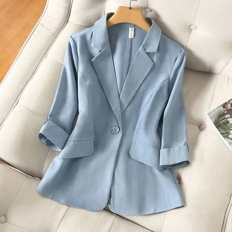 Chaqueta de traje pequeña ajustada de color puro para mujer, Top corto de verano, Blazers de temperamento de moda, camisa informal de protección solar, Z1024