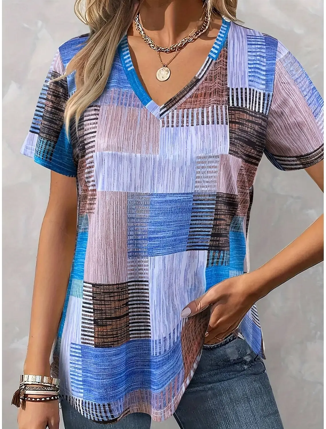 Summer Colorful Block Splicing 3D Print T-shirt Women Streetwear T Shirts Tops Woman Harajuku V-Neck Tees Oversized Clothing