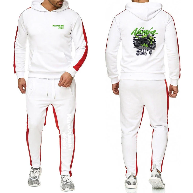 Spring Autumn Men Two-piece Set Motorcycle Kawasaki Logo Print Solid Color Lightweight Simple Daily Hoodies+Sports Pants Suits 7