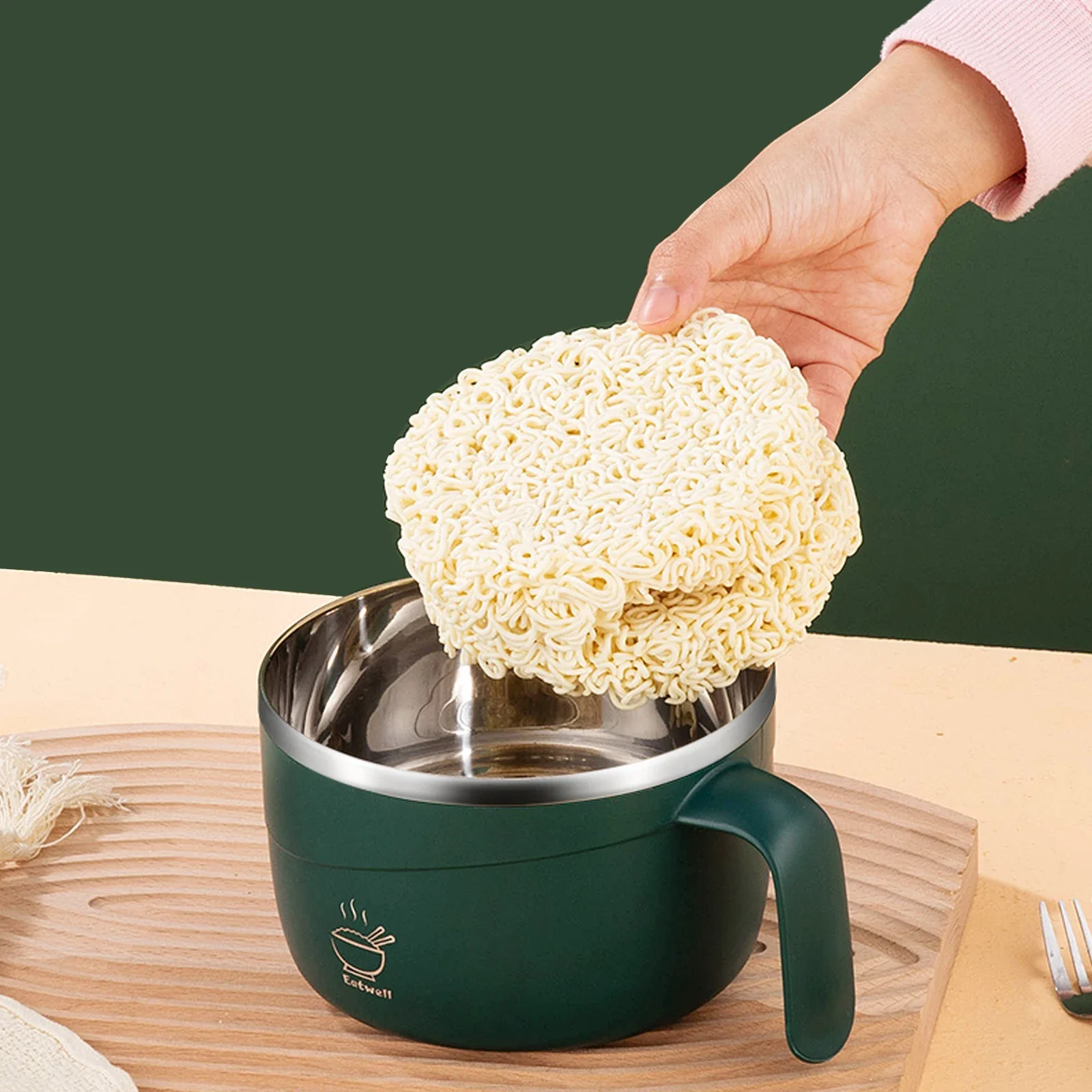 304 Stainless 1200ML Steel Instant Noodle Bowl with Handle Lid Drain Hole Portable Ramen Bowl Student Lunch Box Food Container