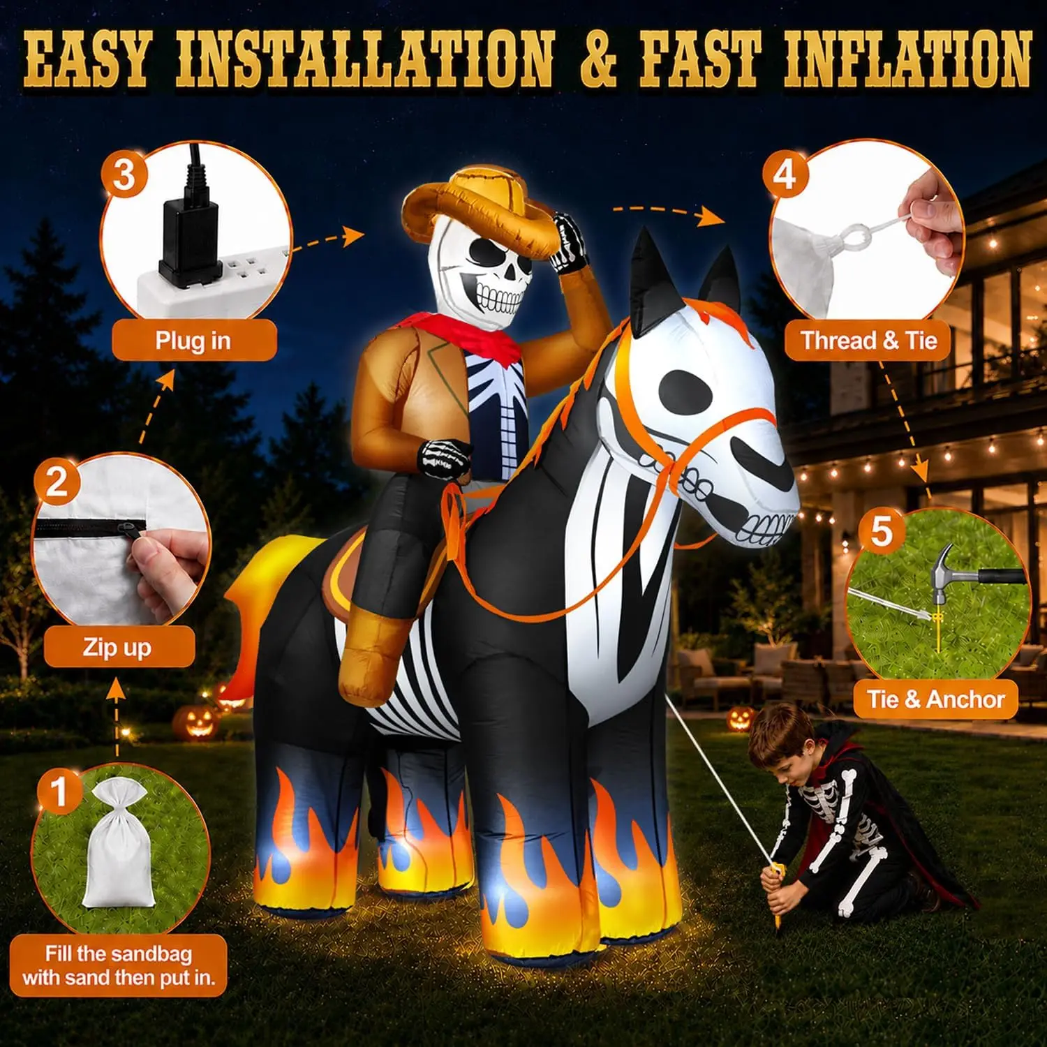 Halloween Outdoor Decorations, 7FT Inflatable Skeleton Cowboy Riding Horse with Bright Built-in LEDs, Flame-Hoofed Western Blow Up Yard Decoration for Lawn Party