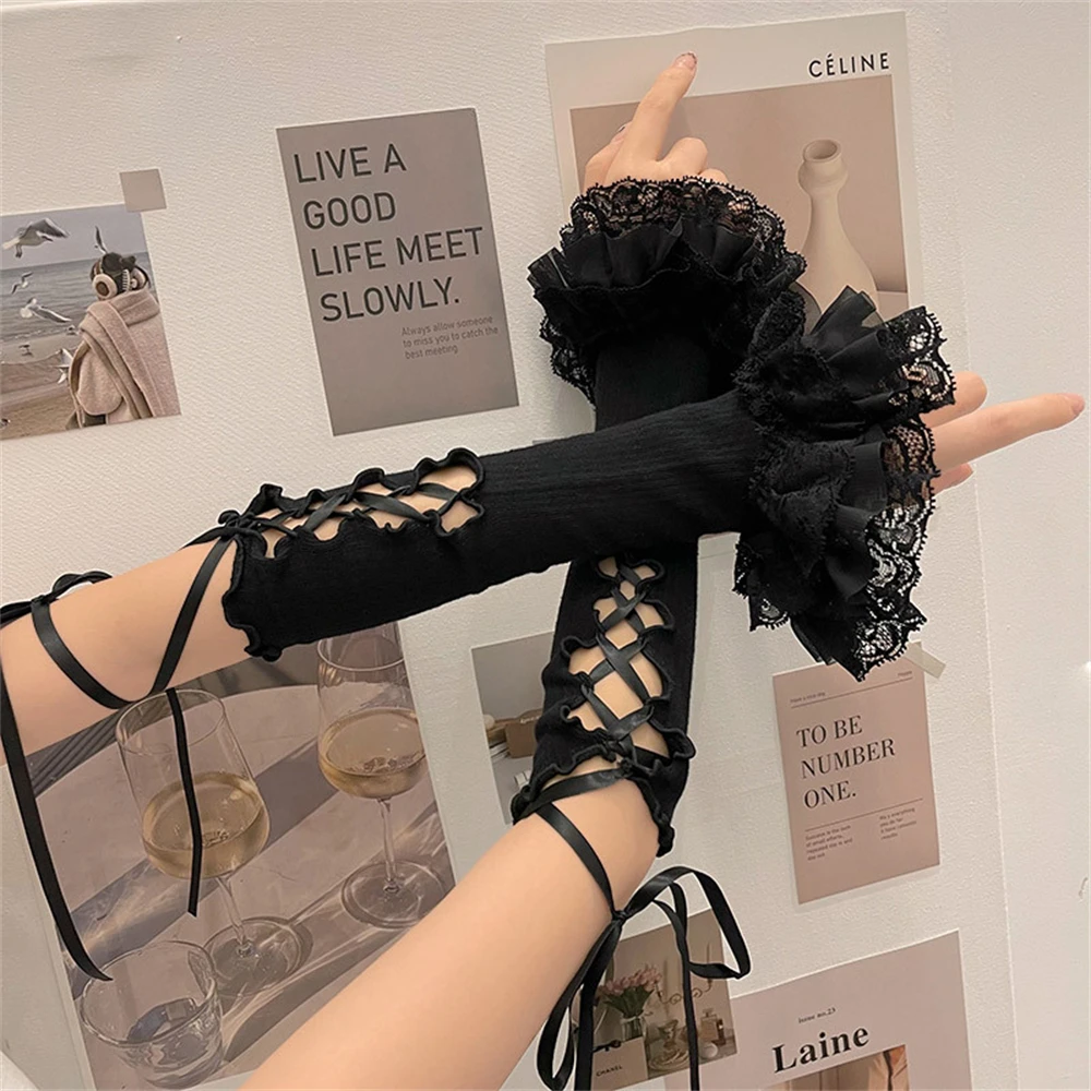 Japanese Ballet Strap Lace Arm Sleeve Women's Sexy Lolita Gloves Y2K Thin Summer Sunscreen Gloves Elegant Punk Mittens Cosplay