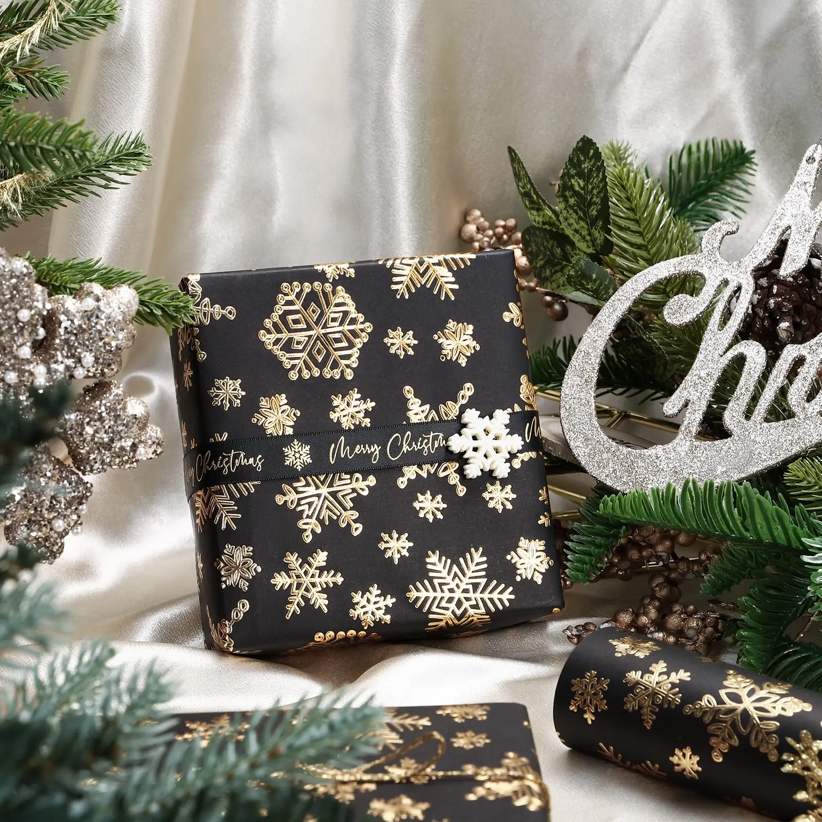 3D Kraft Christmas Wrapping Paper Mini Roll 43x500cm Gold Black Christmas Snowflake With Embossed Holiday Party Celebration