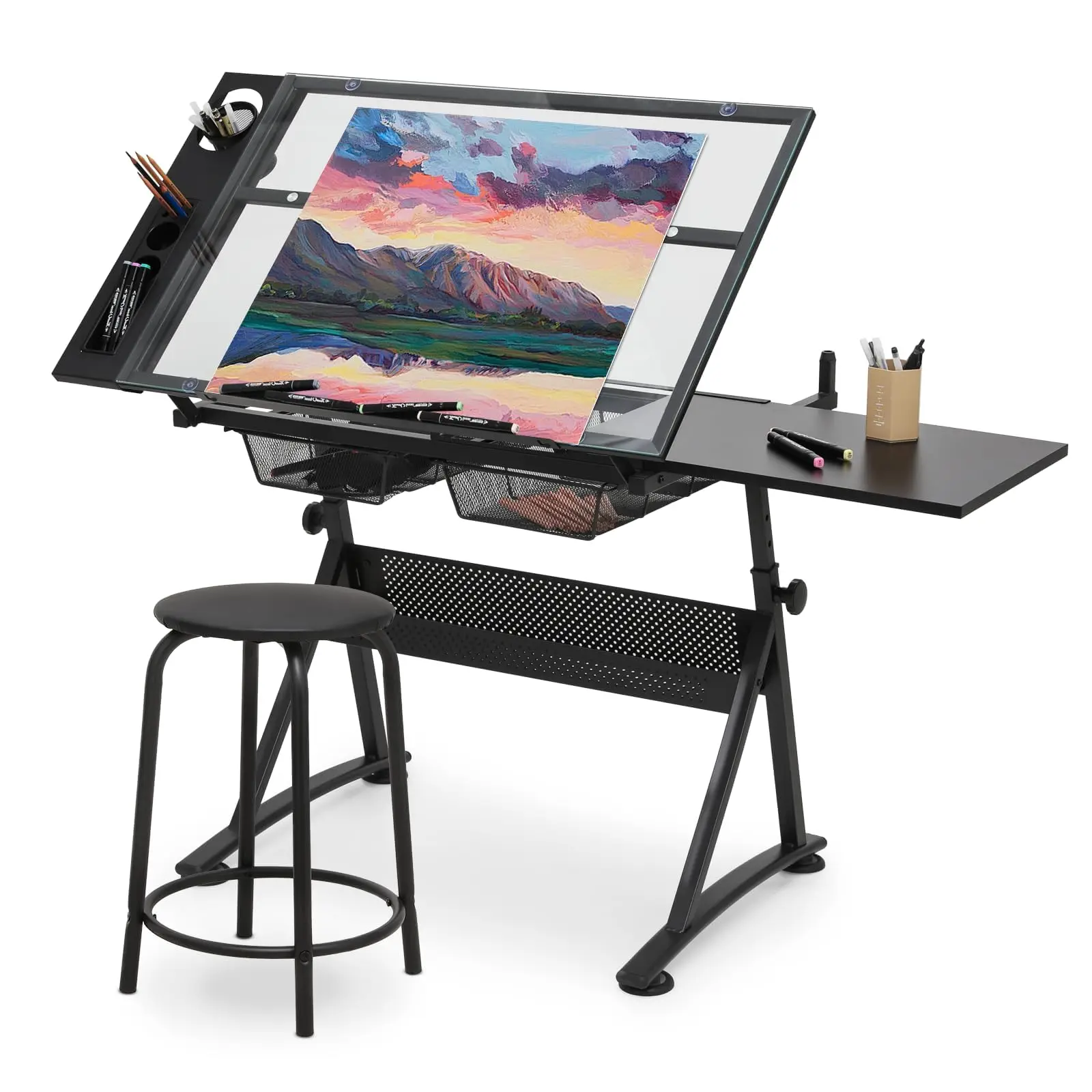 Drafting Table with Height Adjustable Glass Top, Drawing Table with Storage Drawers, Extendable Design, Art Desk Ideal