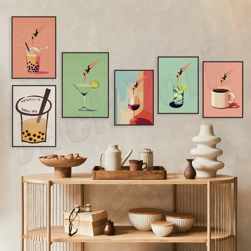 Wine wall art, gin and tonic, coffee wall art, bubble tea art, 70s aesthetic art, wine gifts, vintage cocktail kitchen posters