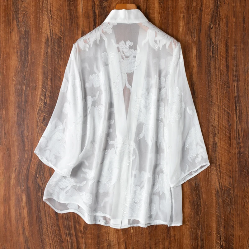 Women Silk Cardigan 100% Mulberry Silk White Transparent Sunscreen Kimono Coat Shawl Blouse Top Shirt Summer Beach Cover M1188