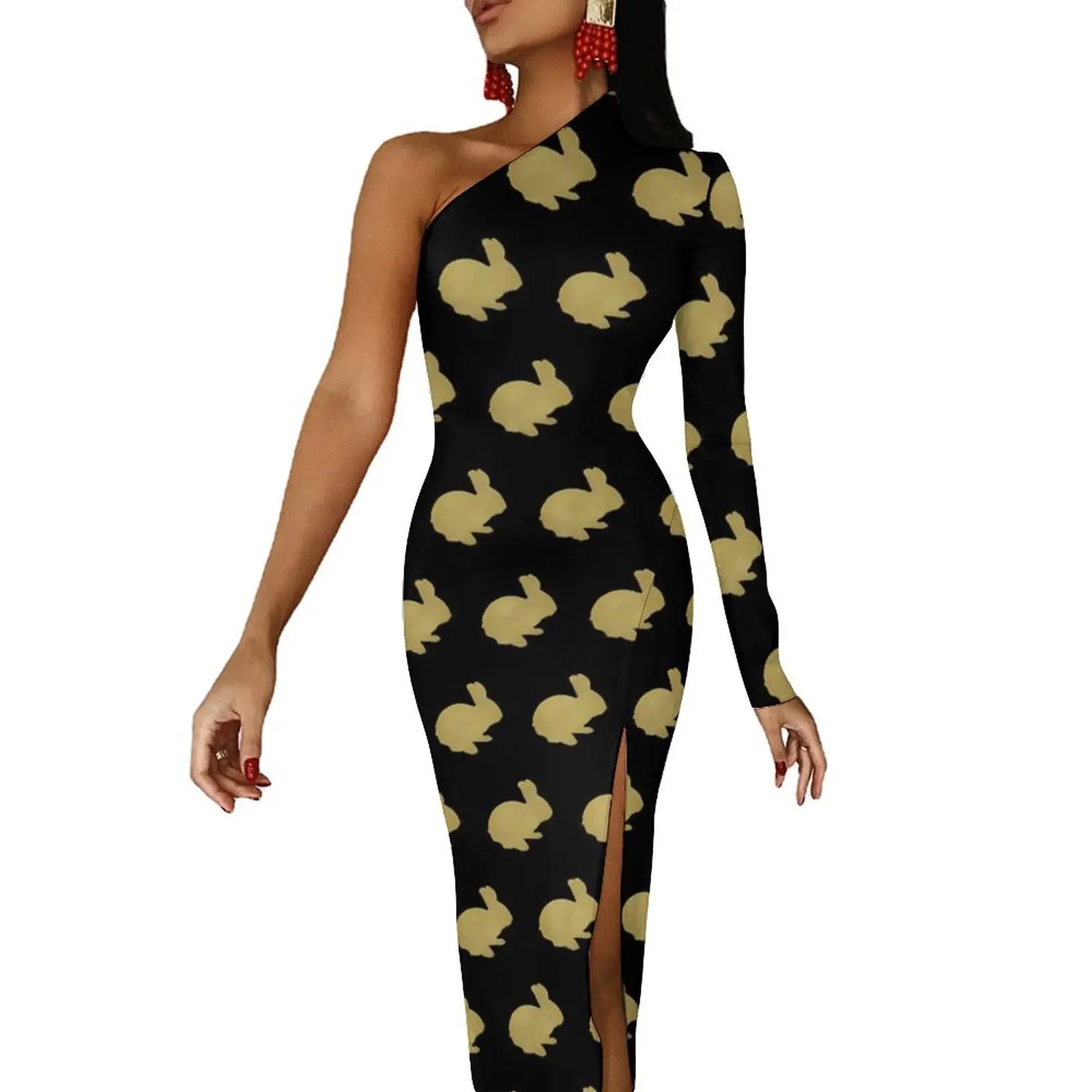 

Silhouette Rabbit Bodycon Dress Female Cute Animal Cute Maxi Dress One Shoulder Aesthetic Graphic Dresses Gift