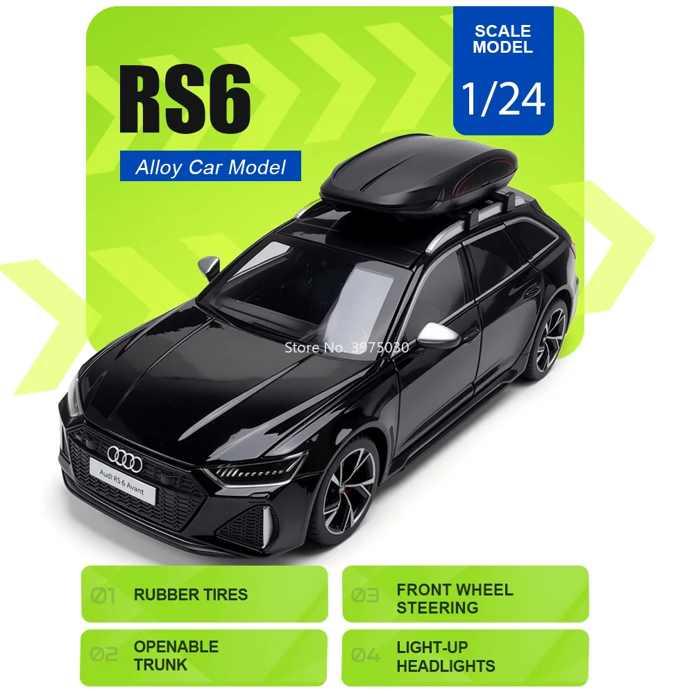1:24 AUDI RS6 Car Diecast Miniature Model Alloy Toys Sound and Light Doors Opened Front Wheel Steering Vehices Gift for Children