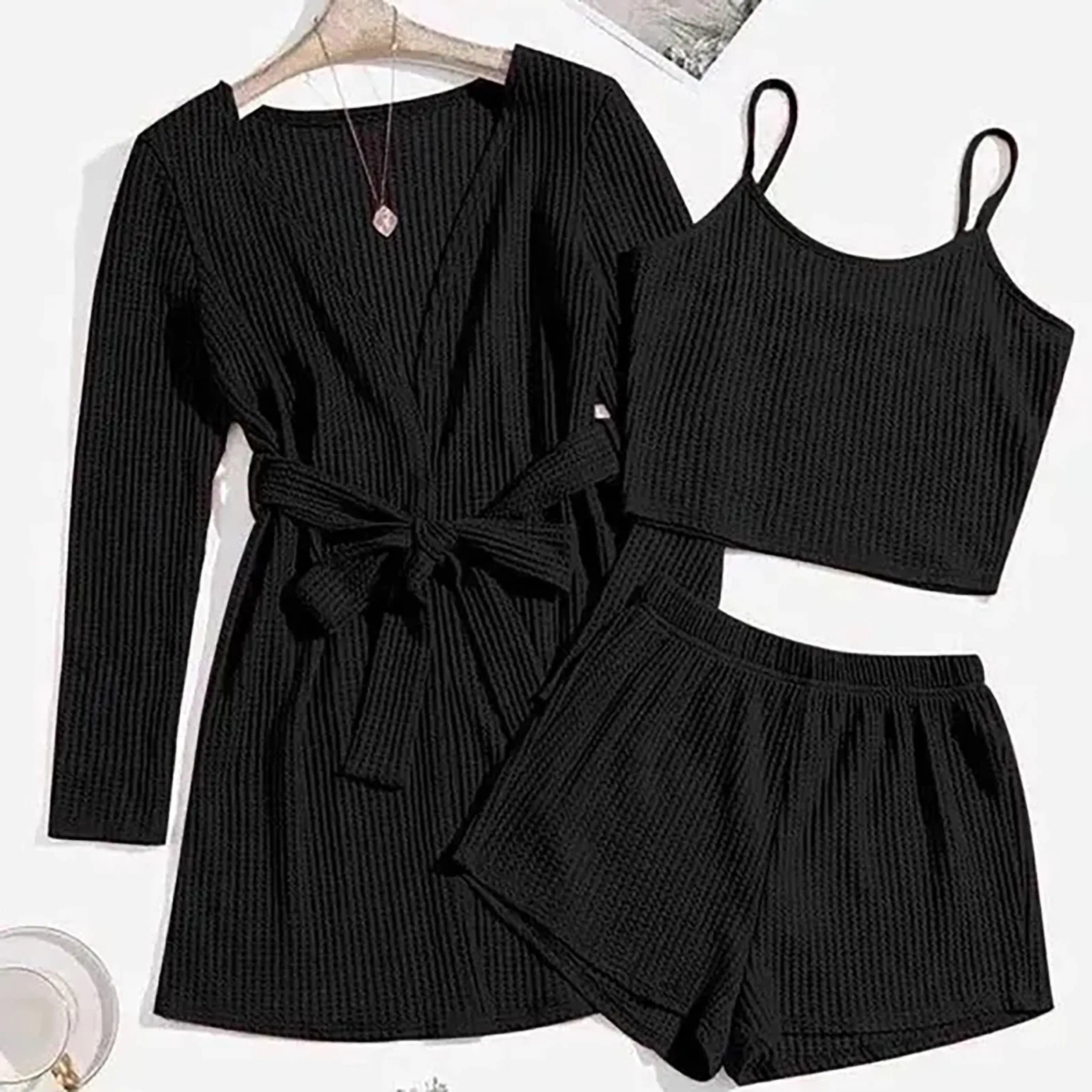 Women’s Spring And Summer Solid Color Casual Three Piece Home Suit Suspender Shorts And 3/4 Sleeve Coat Basics Soft Pajama Sets