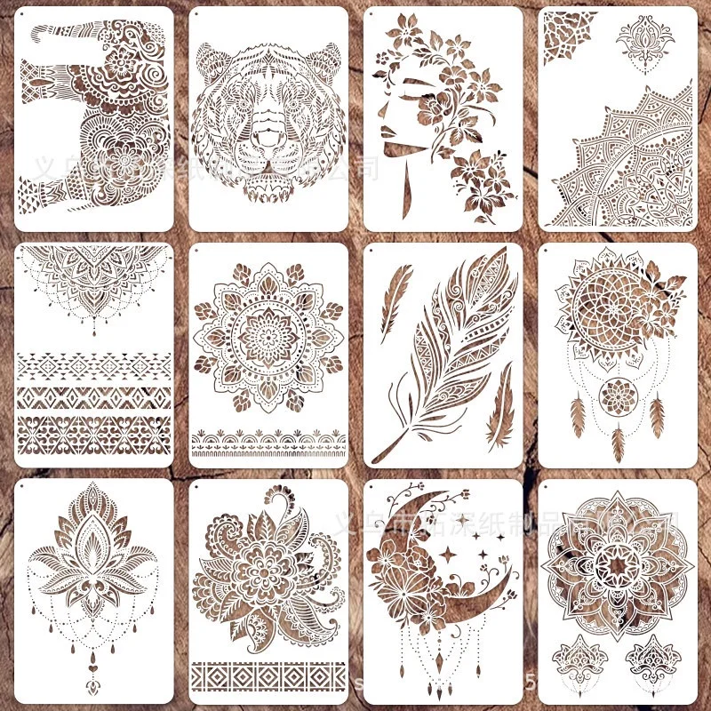 

12PCS DIY Template Graffiti Painting Hollow Out Decorative Flower Painting Stencils Plastic Templates for Wood, Fabric, Paper