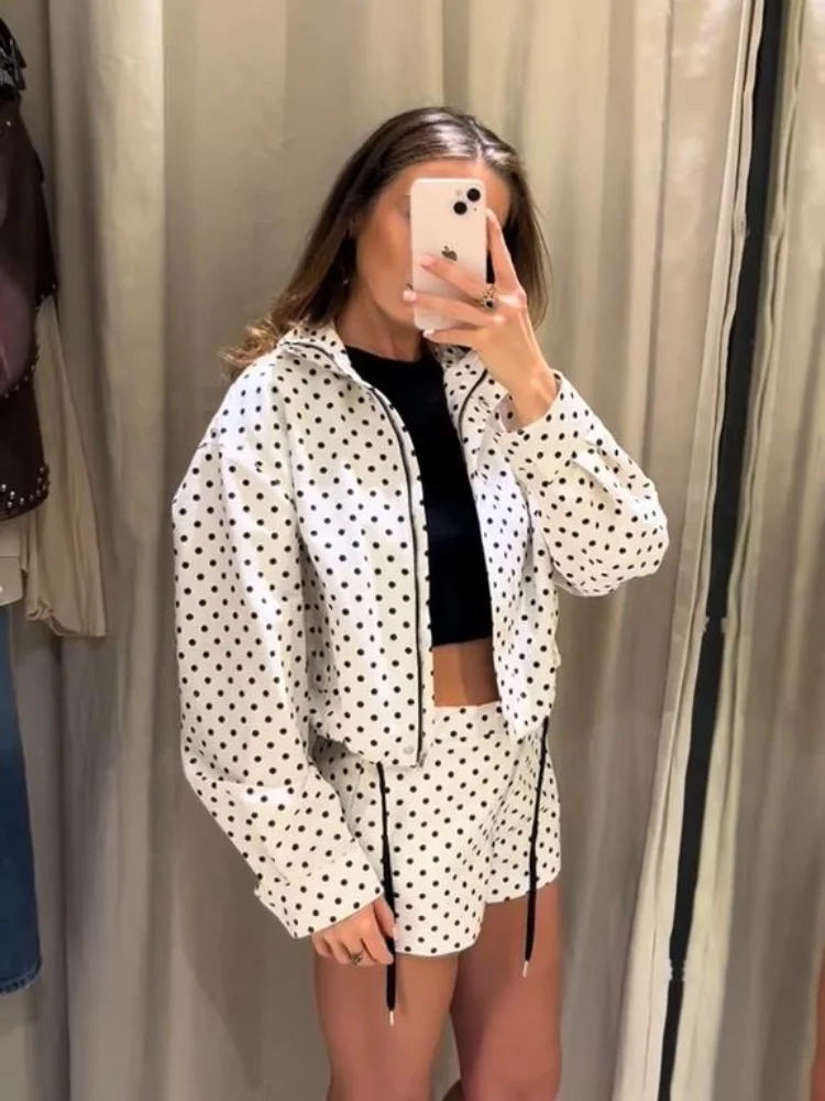 Polka Dot Women's Coat Shorts Set White Standup Collar Long Sleeve Coat Pant Suit Female Streetwear Lady 2025 Autumn Fashion