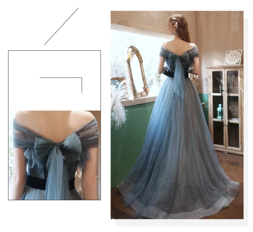 Gray Blue Long Prom Dress Lady Girl Women Vestido Princess Bridesmaid Banquet Party Dress Tulle Mesh Formal Gown Lace Up Back