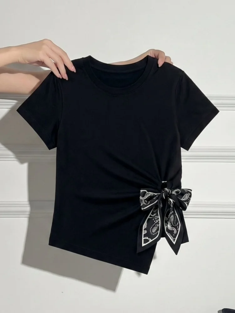 Black round Neck Short Sleeve T-Shirt Women's Summer New Design Sensation Silk Scarf  Knot Slimming Personality Top