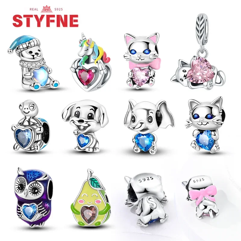 New 925 Silver Cute Animal Charms Series Heart Beads DIY Jewelry Bear Cat Dog Charm Bead Fit Original Bracelet for Women Gifts