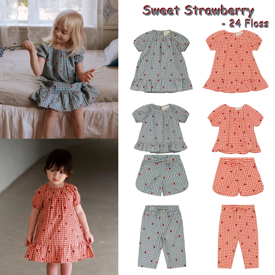 Girls Dress 2024 Summer Floss Strawberry Embroidery T-shirts Shorts Kids Cotton Cute Short-sleeved Blouse Pants Children Clothes