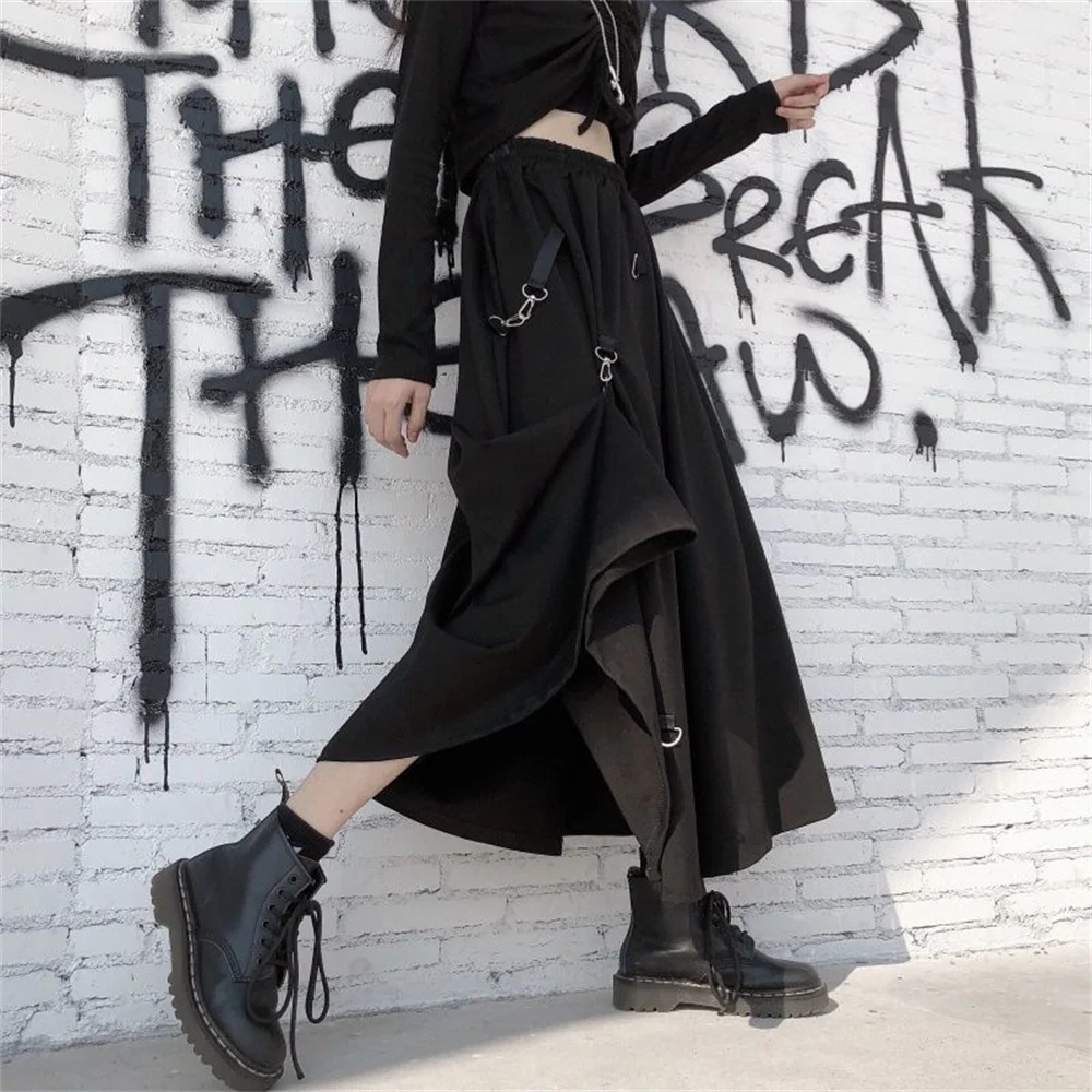 High Waist Black Long Skirt Pants Wide Leg Trousers Elastic Waist Drawstring Streetwear Gothic Punk Bottoms Fashion Casual Wear