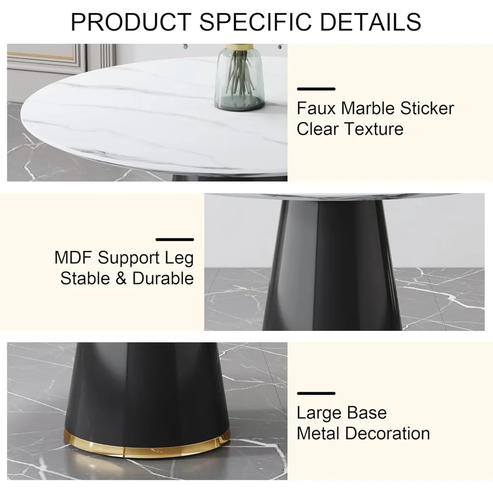 45" Round Dining Table for 4,White Marble Dining Room Table,Modern Round Dinner Table,Small Round Dining Table with Pedestal