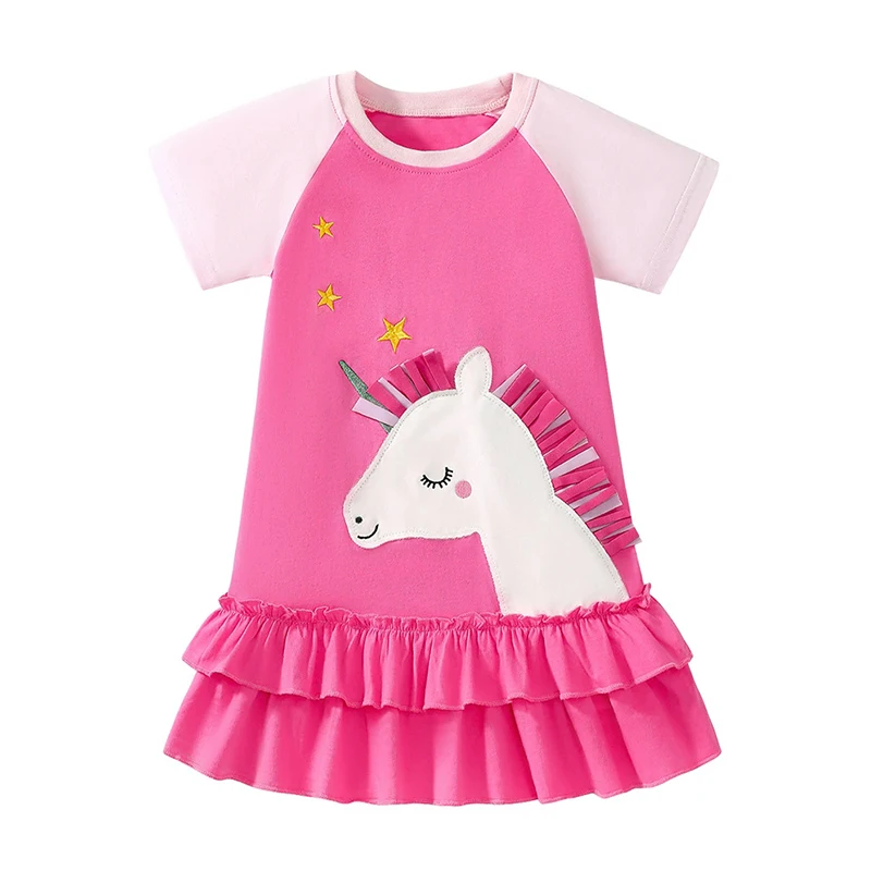 

Jumping Meters 2-7 Years Summer Princess Baby Girls Dresses Unicorn Applique Party Birthday Kids Short Sleeve Frocks