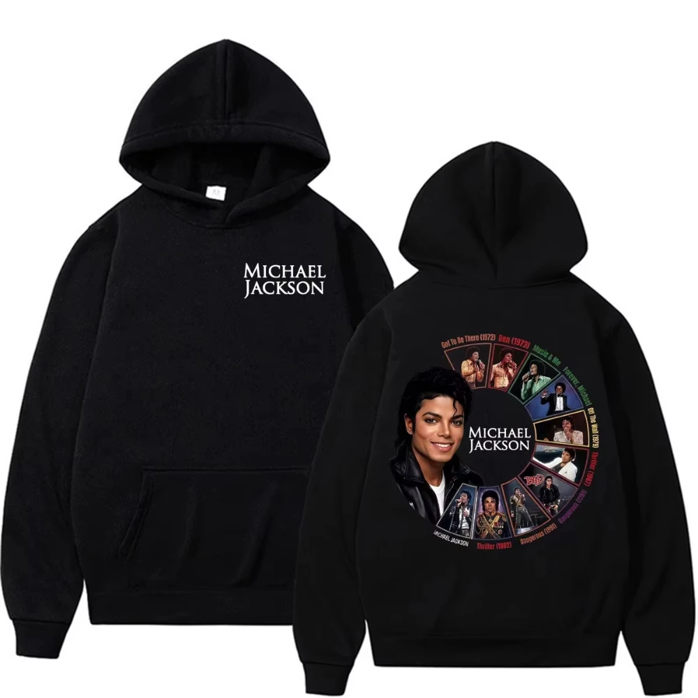 2026 Men Autumn Michael Jackson Portrait Graphic Hoodie & Crew Neck T Shirt Front Back Print Black Music Casual Street Tops
