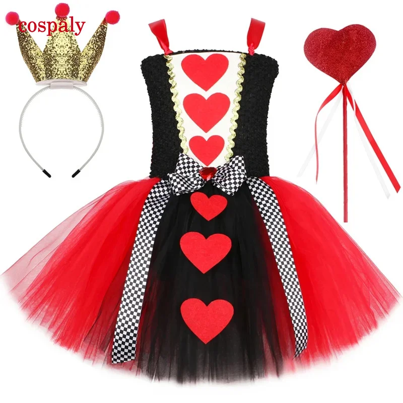 Queen Of Hearts Costume Girl Carnival Party Tutu Dress Up Wonderland Red Queen Cosplay Halloween Costume For Kids Fancy Clothes