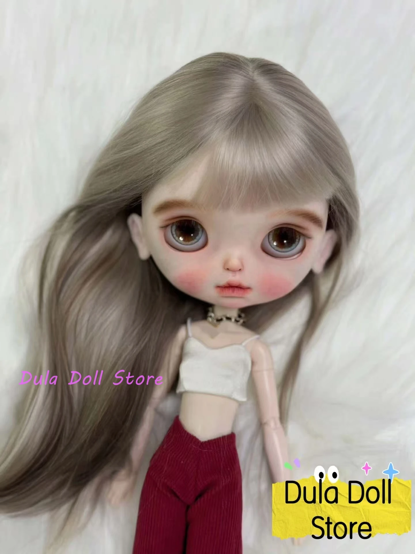 

Dula Doll Wigs for Blythe Qbaby natural Mohair Straight hair with bangs hard seams for 9-10 inch head