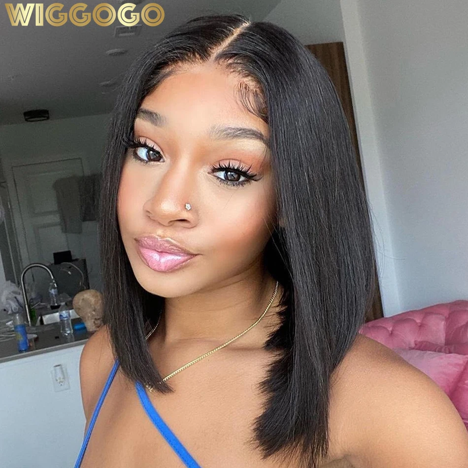 Wiggogo 3X1 Middle Part Lace Wig Bob Wigs Full Machine Made Bone Straight Human Hair Wigs With Bangs Short Bob Human Hair Wigs