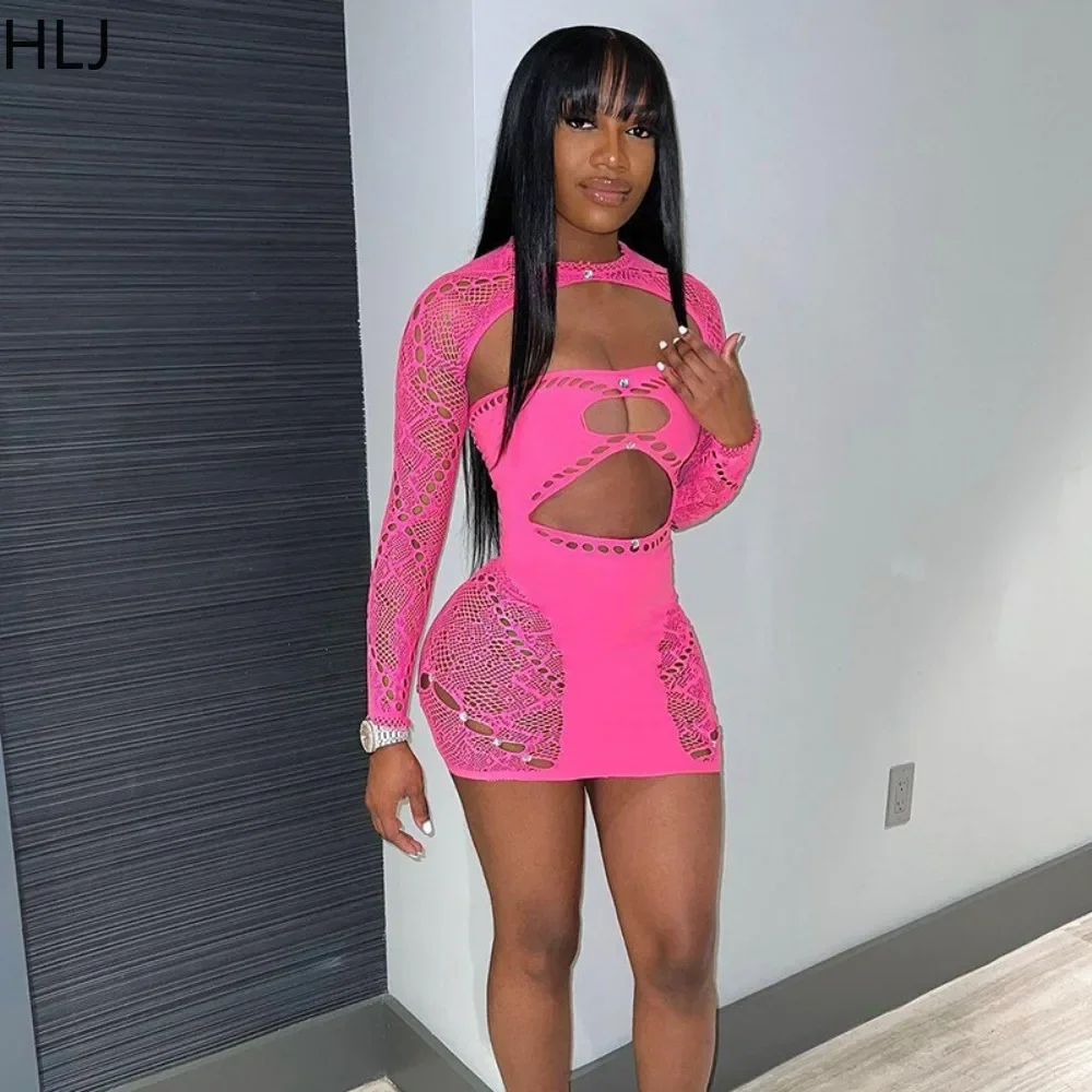 HLJ Sexy Knit Bodycon Mini Dress for Women Hollow Out Rhinestone Patchwork Stretch Chic Shawl +Dresses Female 2025 Spring New