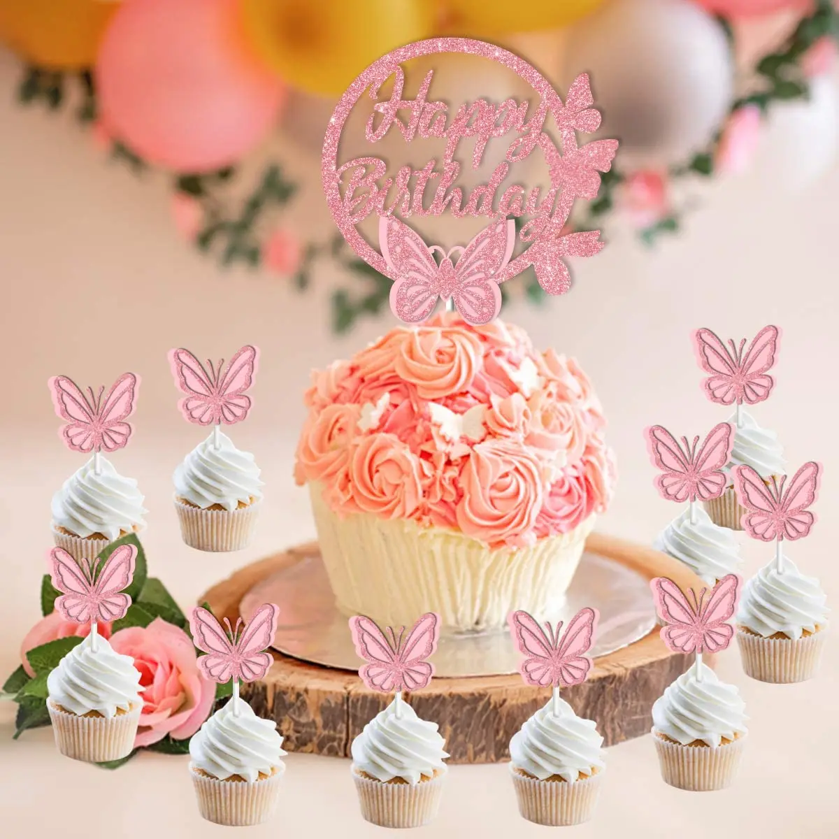 Sursurprise-3D Butterfly Birthday Cake Cupcake Toppers, Pink Glitter for Girls, Theme Birthday Party Decoration, 25 Pcs