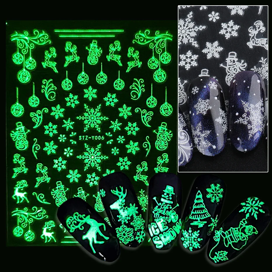 Glow in the Dark Xmas Luminous 3D Stickers Winter Snowflake Holiday New Year Sliders on Nails Art Accessories Decals BESTZY01-18