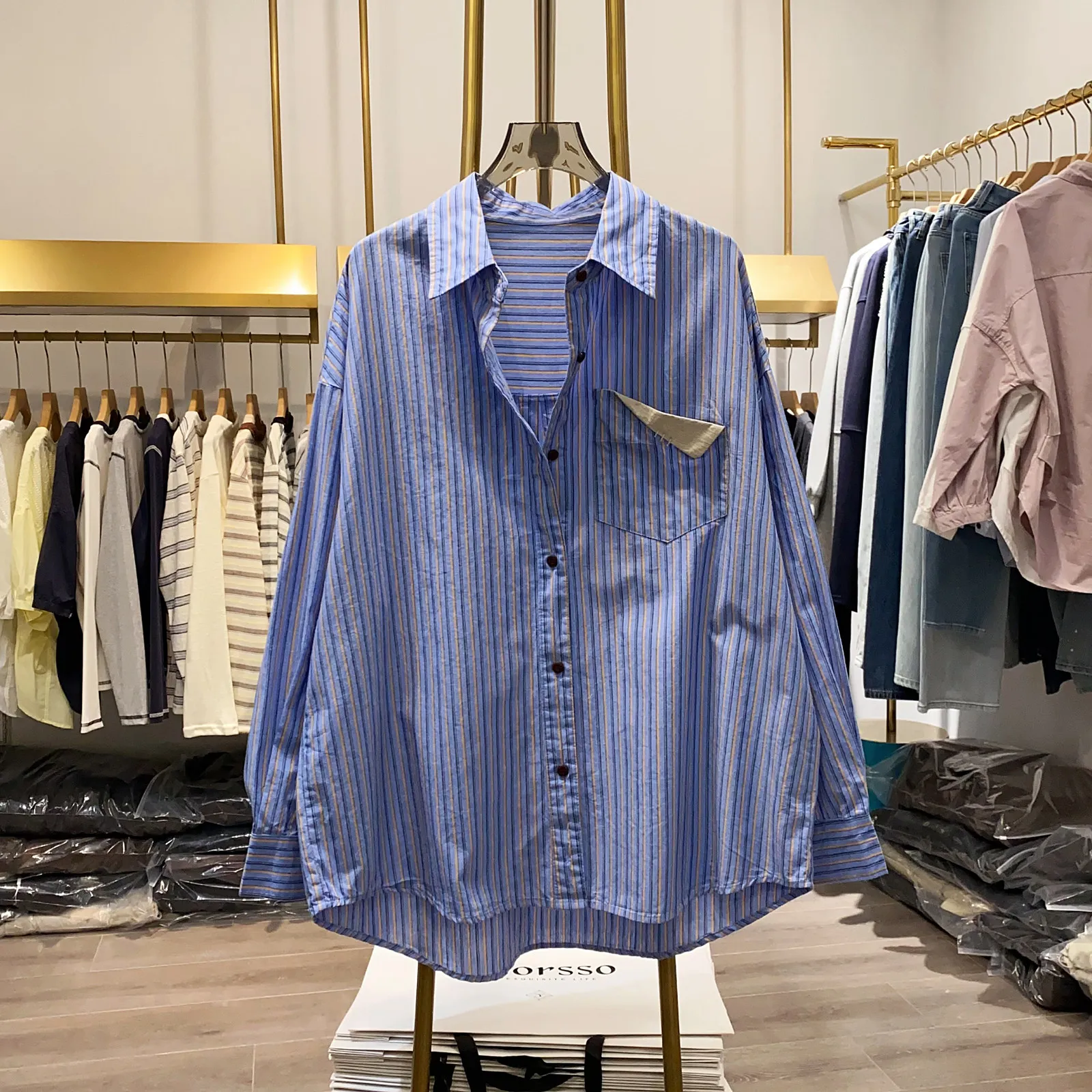 SuperAen Pocket Striped Long-sleeved Shirts Women 2026 Spring and Autumn New Korean Style Single Breasted Top