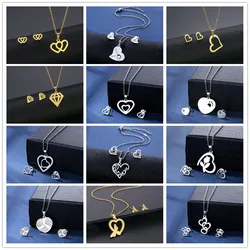 Stainless Steel Jewelry Sets Love Heart Paw Triangle Necklaces & Earings Set Metal Silver Plated Pendant Studs Wholesale