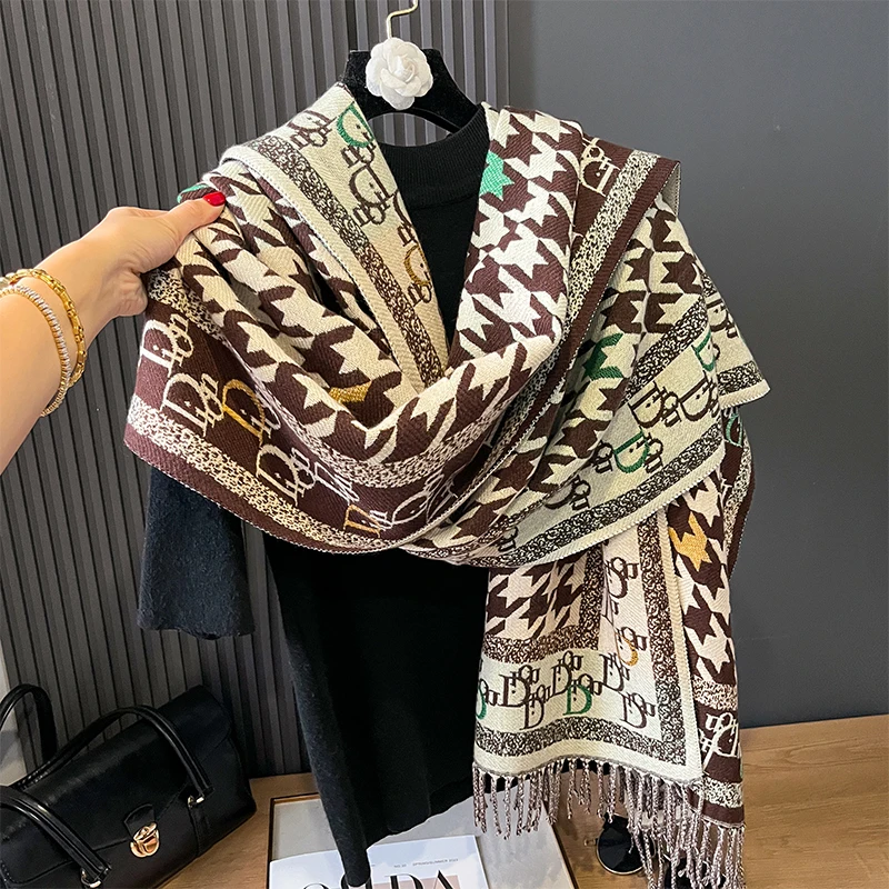 New Houndstooth Design Winter Warm Cashmere Jacquard Scarves High Quality Women Thicken Wrap Shawl Ladies Wool Pashmina Scarf