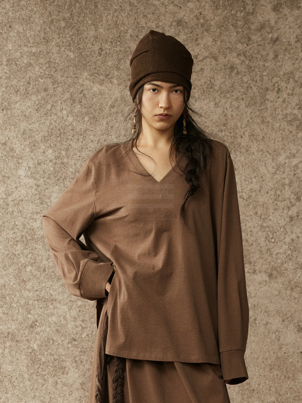 

alpw Топ из чистого хлопка с V-образным вырезом, струящийся, осенний, повседневный, свободного кроя, с длинными рукавами, в китайском стиле