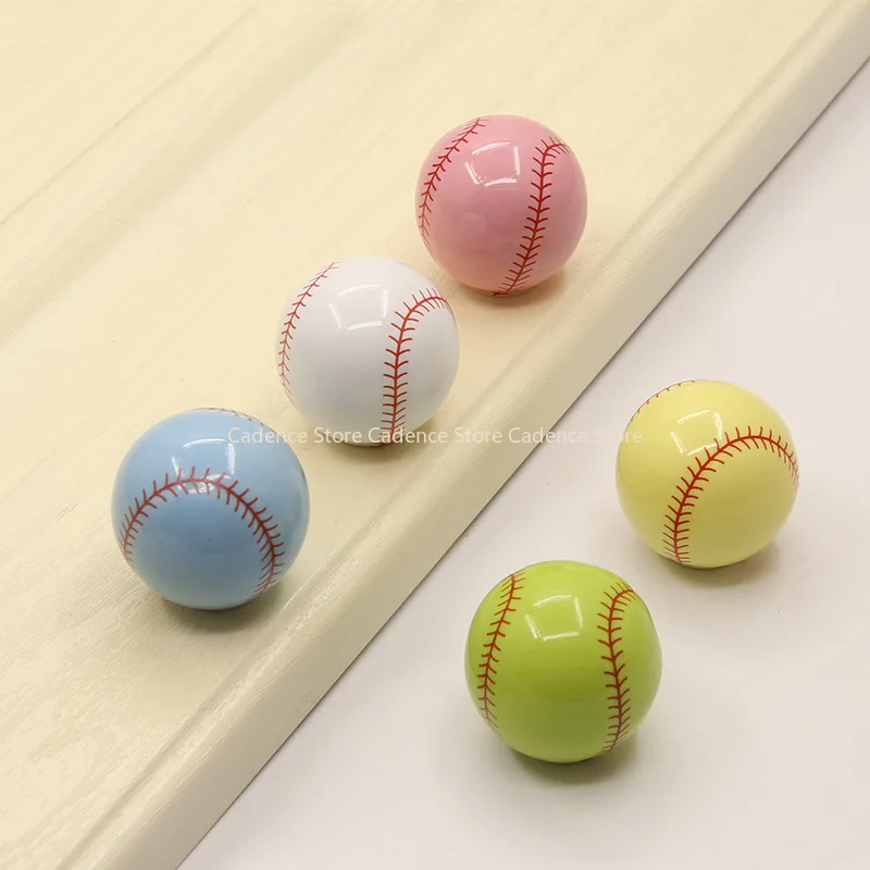 4pcs Cartoon Rugby and Baseball Cabinet Door Furniture Handle Shoe Wardrobe Display Spherical Single Hole Drawer Ceramic Pulls