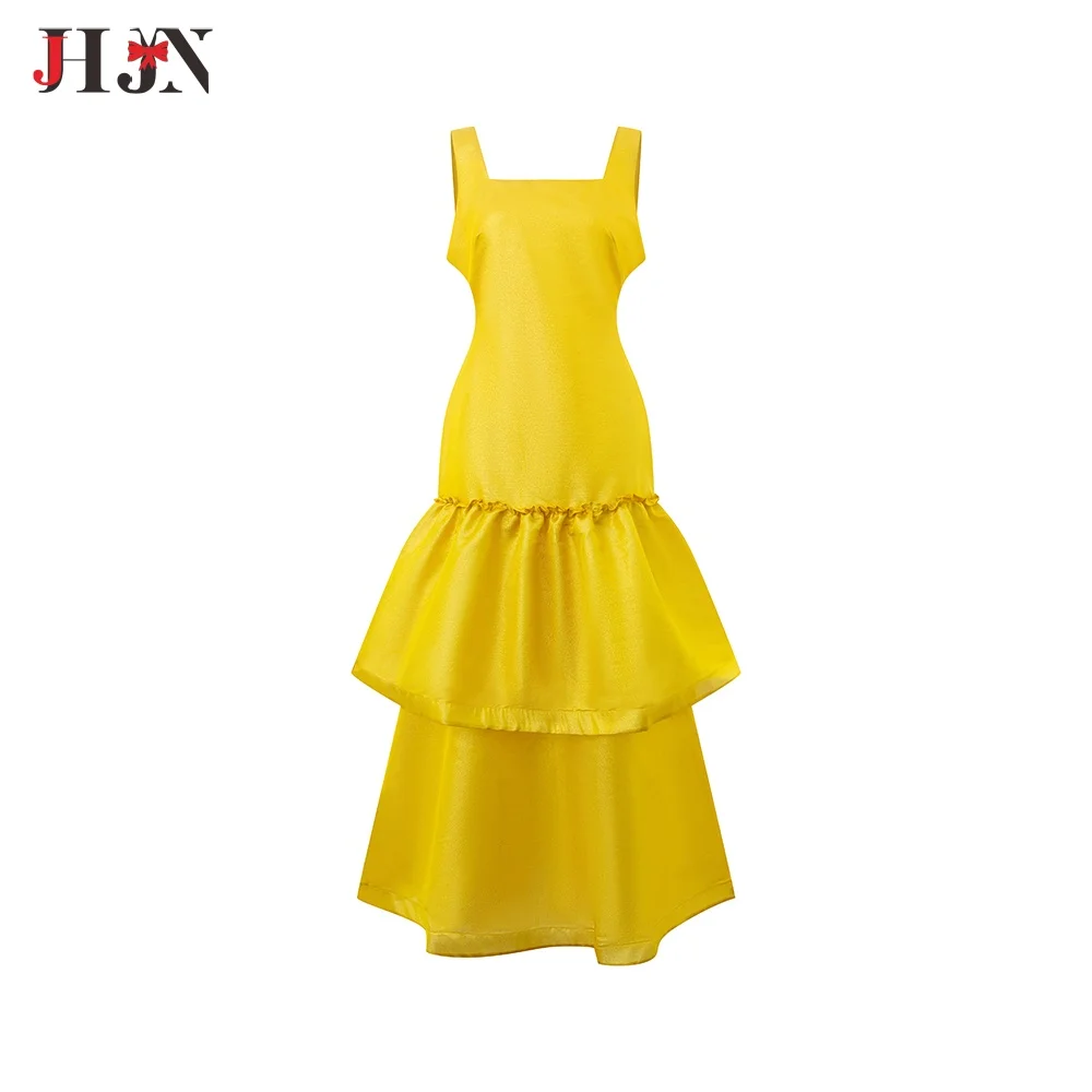 Luxo espumante babados em camadas amarelo vestido longo chique sem costas bodycon casamento estilingue robes feminino elegante festa clube vestidos