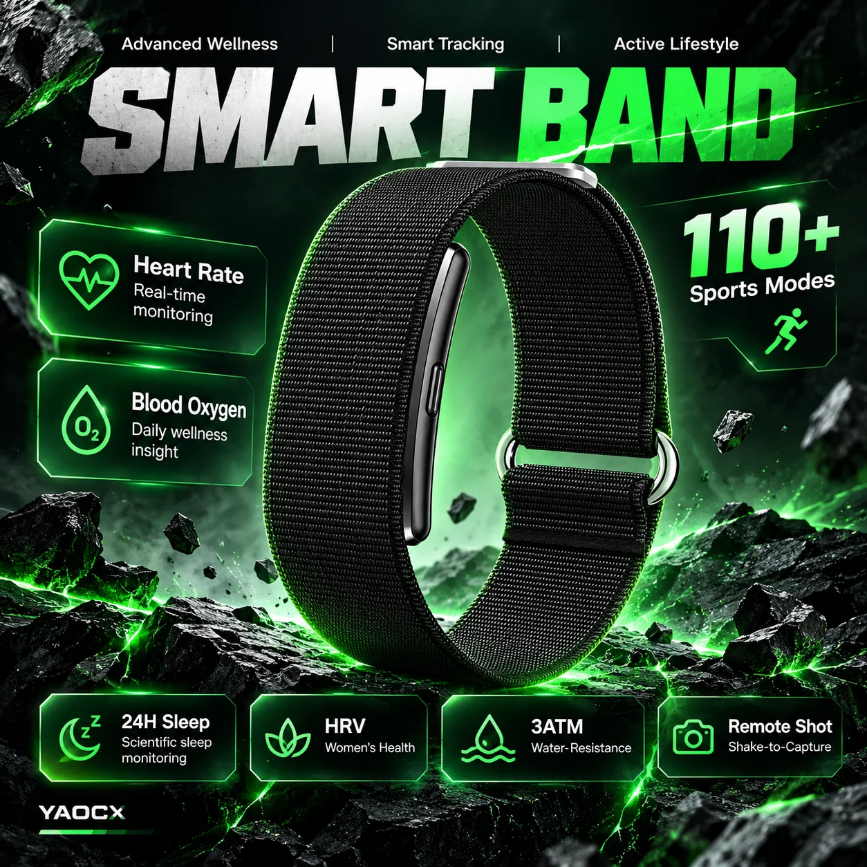 Health Monitoring Smart Band 3ATM Water Resistant Fitness Band 24H Sleep Tracking HRV Women's Health Heart Rate SpO2 110+ Sports