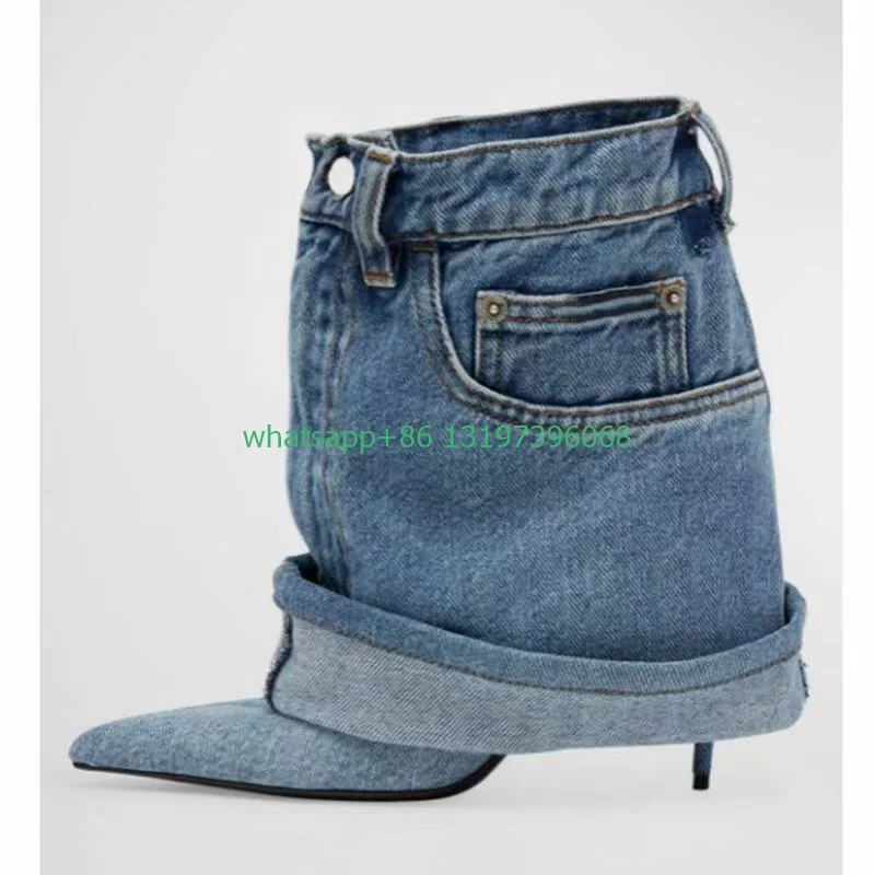 Lady denim design jeans calf boots pointed toe turn-over design vintage boots blue denim cowboy punk causal boots  size 34- 43