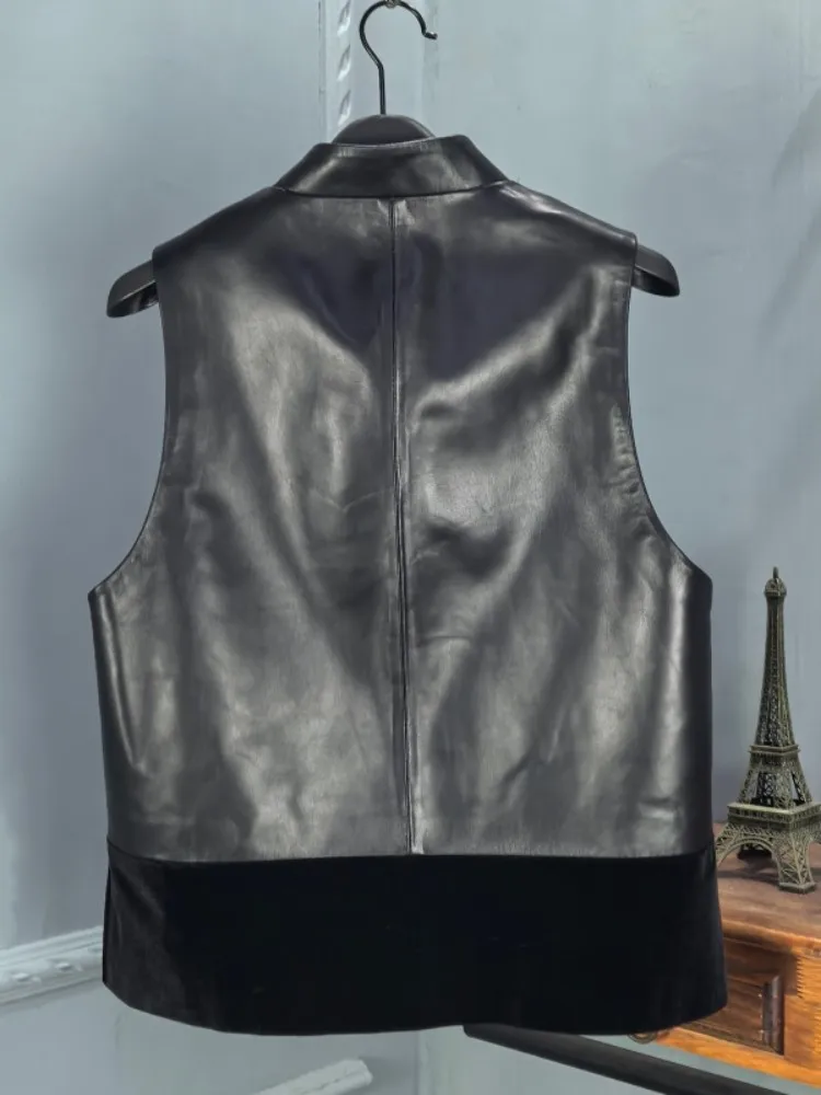 Women Genuine Leather Vest Stand Collar Patchwork Sleeveless Sheepskin Jacket Single Breasted New Chinese Style Female Waistcoat
