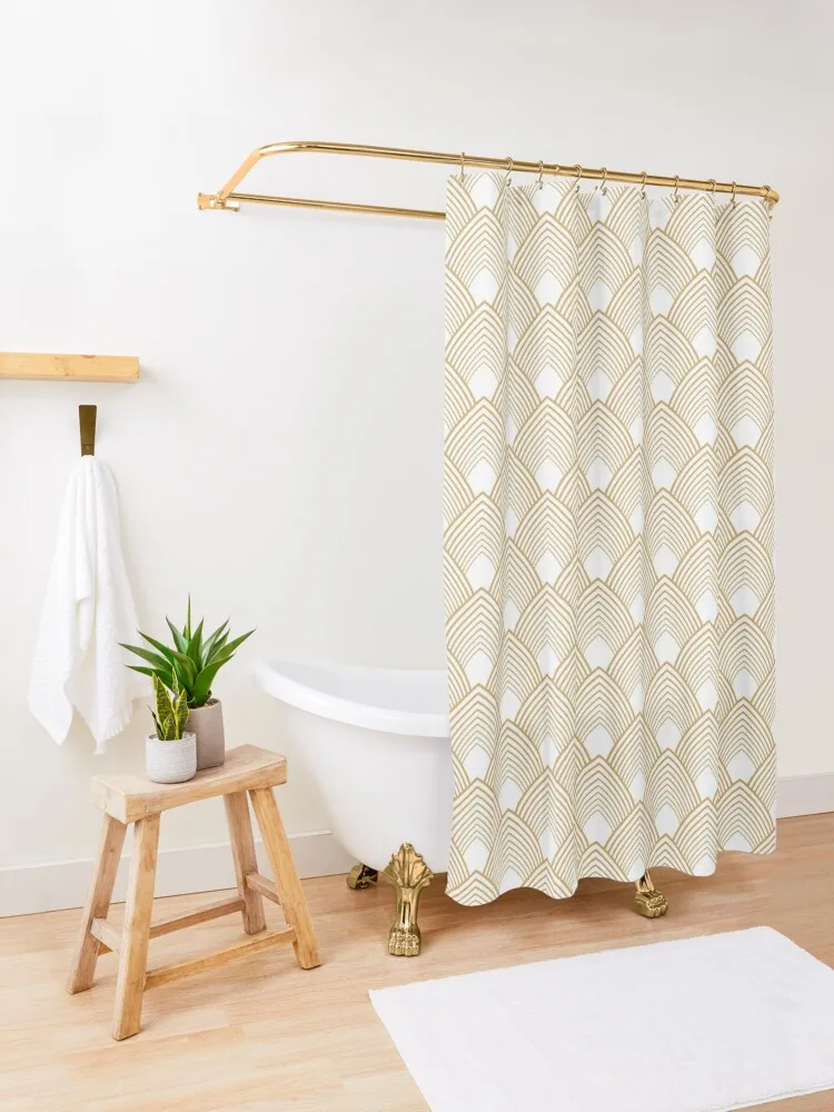 Gold and White Art Deco Pattern Shower Curtain Bathroom Shower Set Cute Shower Curtain