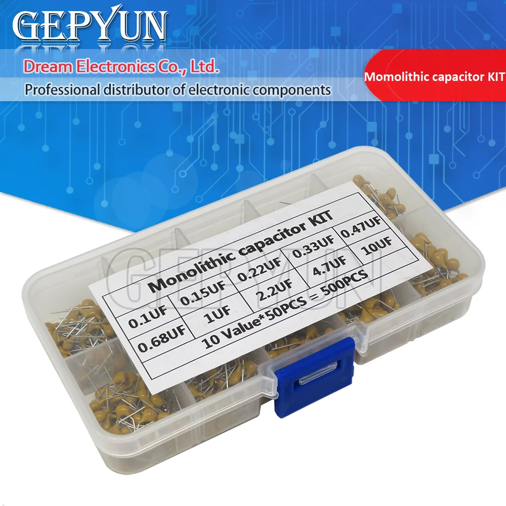 

500pcs/lot 10Values*50pcs 0.1uF-10uF(104~106) 50V Multilayer Ceramic Capacitors Assorted Kit Assortment Set with Storage Box