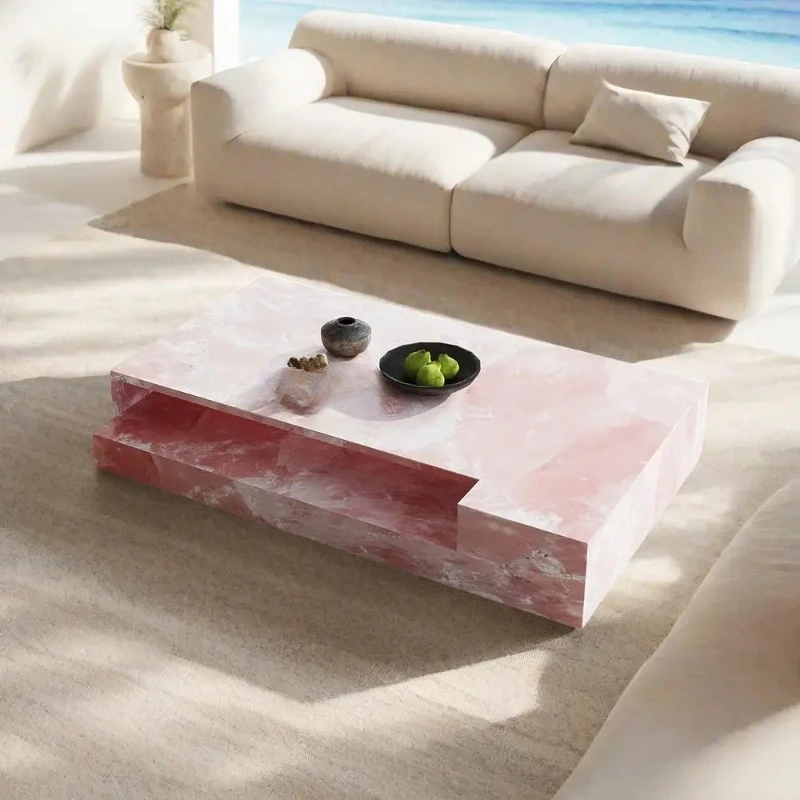 

"Pink Jade Marble Coffee Table - Luxury Slate Stone Rectangular Designer Tea Table Living Room Centerpiece"